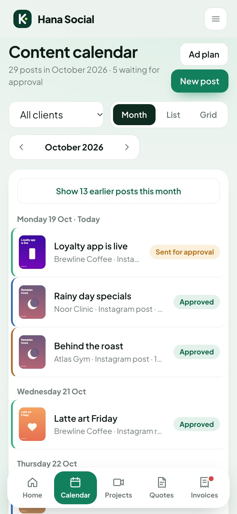 The content calendar on a phone