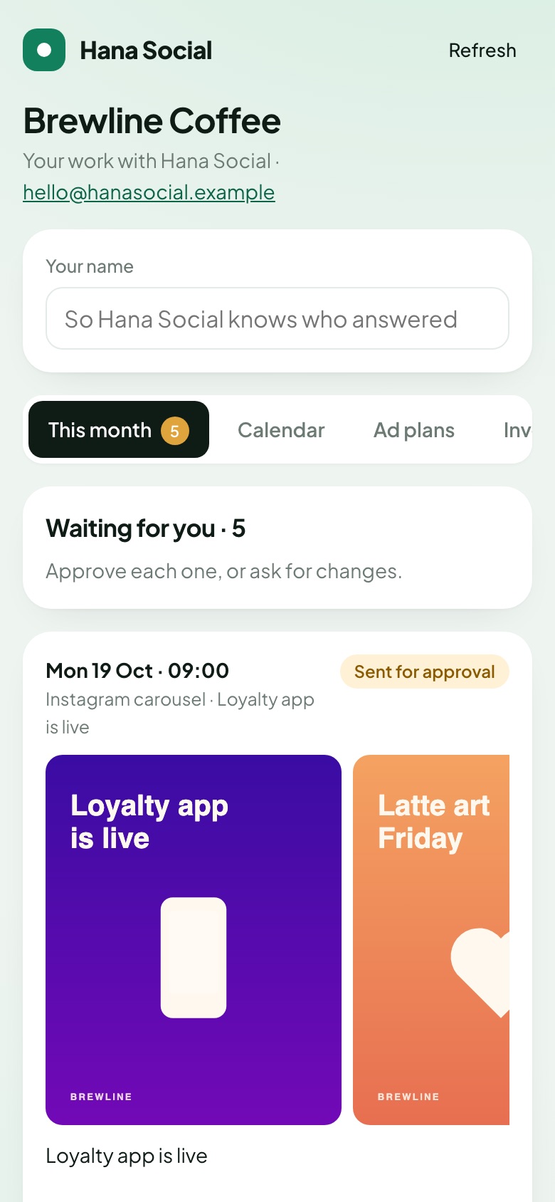A client's dashboard on a phone with posts waiting for approval