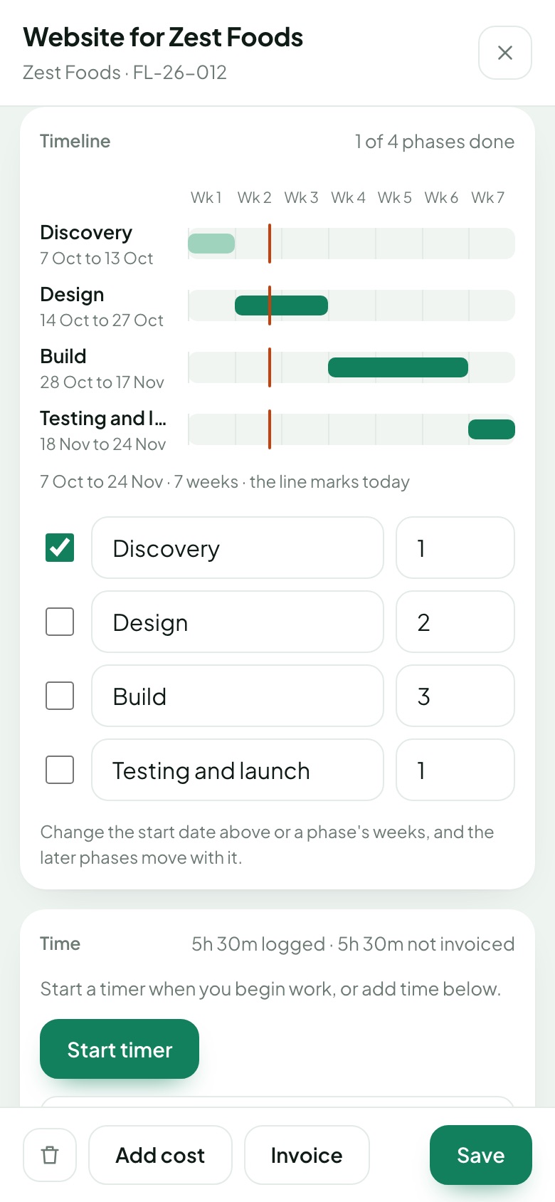 A project timeline on a phone